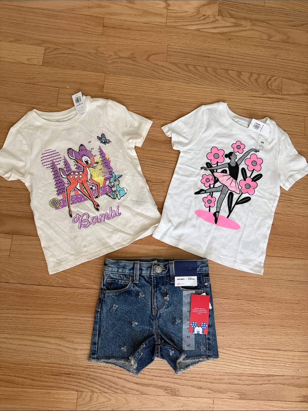 NWT Old Navy Disney, Mickey, Minnie, Bambi Graphic Jean shorts and tees